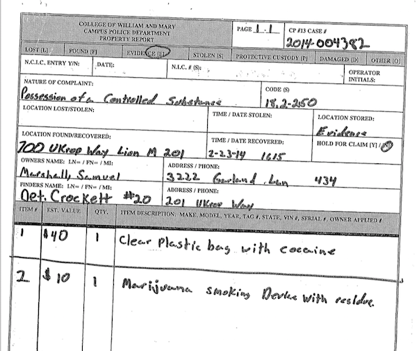 SCREENSHOT BY AINE CAIN / THE FLAT HAT. A screenshot of the property report listing the cocaine and drug paraphernalia discovered in Marshall's room.