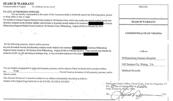 SCREENSHOT BY AINE CAIN / THE FLAT HAT. Screenshot of the search warrant for the medical records of the soccer player who experienced a seizure after taking an LSD substitute.