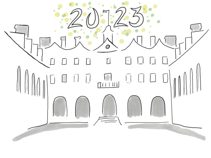 Drawing of the outline of the Wren Building, as viewed from the Wren Yard, with the numbers 2023 above the building