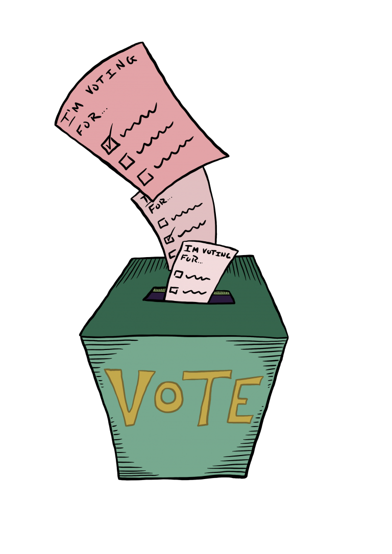 Green voting box with various ballots being placed inside