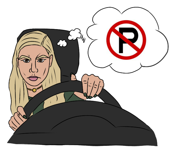 Graphic depicts a blond woman angrily driving because she cannot find parking