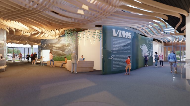 A renovated Visitor Center in Watermen’s Hall with inviting and innovative exhibits will welcome visitors and introduce them to the wide range of research, education and advisory work taking place on campus. COURTESY IMAGE / 3North